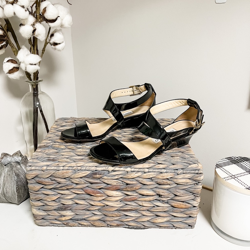 Jimmy Choo Black Patent Leather Open Toe Wedges Size 6